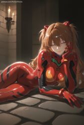 1girl ai_generated arm_support asuka_langley_sohryu bangs blue_eyes bodysuit breasts closed_mouth hair_between_eyes hair_ornament headgear hi_res high_quality high_resolution indoors interface_headset long_hair looking_at_viewer lying medium_breasts neon_genesis_evangelion on_side orange_hair patreon patreon_username plugsuit red_bodysuit seductive sexy shikinami_asuka_langley shiny shiny_clothes skin_tight smile solo souryuu_asuka_langley thigh_gap uncensored watermark