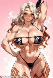 1girl abs ai_generated amazon_(dragon's_crown) arm_behind_head arm_up armor armpits ass_visible_through_thighs bare_shoulders bikini bikini_armor black_bikini blonde_hair blush breasts carminroux circlet cleavage collarbone cowboy_shot dragons_crown feather_hair_ornament feathers gradient_background green_eyes grin hair_ornament hand_on_own_hip large_breasts leg_tattoo long_hair looking_at_viewer muscular muscular_female navel patreon_username simple_background skindentation smile solo steam steaming_body sweat swimsuit tattoo thick_thighs thighs web_address wet