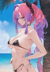 1girls bare_arms bare_midriff bare_shoulders beach big_breasts blue_eyes blush female hololive hololive_japan kikirara_vivi navel navel_rennat ocean pink_hair solo tummy virtual_youtuber vtuber water wet_body
