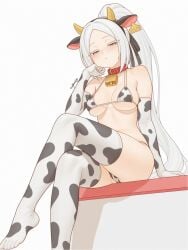 ai_generated cow_ears cow_horns cow_print cow_print_bikini cow_print_thighhighs foot_fetish legs long_hair micro_bikini pandora_(re:zero) panties ponytail re:zero_kara_hajimeru_isekai_seikatsu ribbon sitting white_hair