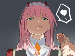 1boy 1girls :9 bangs closed_mouth cum darling_in_the_franxx female flaccid gradient gradient_background green_eyes hairband half-closed_eyes handjob heart highres licking_lips long_hair looking_at_viewer male_pov nier_(artist) partial_male penis pink_hair pov simple_background smile spoken_heart tongue tongue_out uncensored upper_body zero_two_(darling_in_the_franxx)