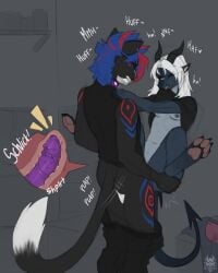 4:5 4_toes 5ushiroll absurd_res anthro anthro_on_anthro biting_clothing black_body blue_body bottomwear bottomwear_down breasts butt claws clenched_teeth closet_sex clothed clothing delta_(character) domestic_cat dragon fangs feet felid feline felis female fur fur_markings genitals hair hi_res horn internal male male/female mammal markings mythological_creature mythological_scalie mythology onomatopoeia pants pants_down partially_clothed paws penetration penis purple_penis scalie sex small_breasts sound_effects stand_and_carry_position standing standing_sex sushi_(5ushiroll) tail teeth text toes tuxedo_cat vaginal vaginal_penetration white_hair