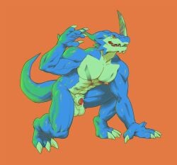 animal_genitalia animal_penis anthro balls bandai_namco blue_body bodily_fluids bunslikeatruck canine_genitalia canine_penis claws crouching digimon digimon_(species) exveemon genital_fluids genitals hi_res male orange_background pecs peeking_penis penis precum red_body sheath simple_background solo tail