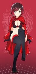 1girls black_bra black_eyes black_hair black_lingerie black_thighhighs black_underwear bra breasts cape female female_only lingerie lingerie_bra lingerie_panties medium_breasts r3dfive red_cape ruby_rose rwby short_hair sitting thighhighs underwear