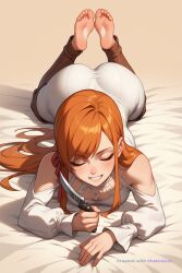 1girl ai_assisted ai_generated anklet bare_shoulders barefeet bedroom chibi cleavage curvy_body detailed_feet eyes_half_closed feet_up final_fantasy_xiv full_body grin hair_ribbon holding_knife long_hair long_sleeves looking_at_viewer narrow_waist orange_hair petite prone_position round_ass shoulder_cutout simple_background small_breasts soft_breasts solo swept_bangs the_pose thigh_boots tired white_dress wide_hips