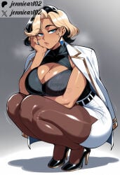 1girl ai_generated artist_name belt black_belt black_footwear black_hair black_shirt blonde_hair blue_eyes breasts brown_pantyhose cleavage cleavage_cutout clothing clothing_cutout coat_on_shoulders curvy dark-skinned_female dark_skin domina earrings female footwear freckles full_body grey_background hand_on_own_cheek hand_on_own_face head_rest high_heels huge_breasts jacket jacket_on_shoulders jennieart02 jewelry large_breasts looking_at_viewer mature_female miniskirt mole mole_on_breast mole_under_eye multicolored_hair office_lady overwatch overwatch_2 pantyhose patreon patreon_logo patreon_username pencil_skirt shirt shoes short_hair skirt solo squatting stiletto_heels thick_thighs thighs triangle_earrings twitter twitter_username two-tone_hair watermark white_jacket white_skirt
