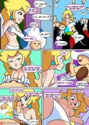 6koma blowjob comic commission dialogue earrings english_text panties princess_peach super_mario_bros. text toad_(mario) topless