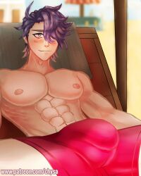 beach blue_hair blush bulge chysa_art gay honkai:_star_rail honkai_(series) laying_down male muscles muscular sampo_(honkai_star_rail) smile sunbathing swimsuit underwear