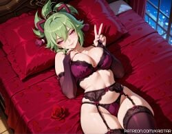 1girls ai_generated boobs bra breasts female female_focus female_only from_above garter_belt genshin_impact green_hair high_resolution highres hoyoverse kaistar kuki_shinobu lingerie looking_at_viewer lying lying_on_back medium_boobs medium_breasts mihoyo patreon peace_sign solo solo_female solo_focus thighhighs v v_sign