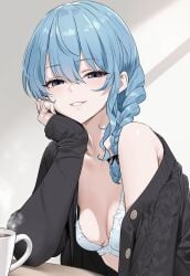 1girls blue_hair female hololive hololive_japan hoshimachi_suisei navel_rennat off_shoulder open_jacket short_hair small_breasts solo virtual_youtuber vtuber
