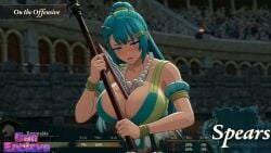 1girl ai_generated aqua_eyes aqua_hair artist_logo artist_name artist_signature big_tits big_titties dark-skinned_female female female_only fire_emblem fire_emblem:_fortune's_weave hud intelligent_systems multicolored_hair necklace nintendo nintendo_switch_2 ponytail spear x_username yallahs80