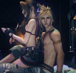 1boy 1girl 1girls 3d aerith_gainsborough black_bra blonde_hair bra cloud_strife cosplay female final_fantasy final_fantasy_vii final_fantasy_vii_remake fingerless_gloves gloves light_skin looking_at_viewer male male/female on_lap revealing_clothes ripped_jeans shirtless side_view sitting_on_lap straight suggestive suggestive_pose