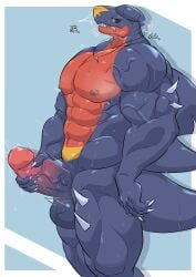 abs absurd_res anthro balls biceps big_muscles big_penis black_sclera bodily_fluids claws erection fin garchomp generation_4_pokemon genital_fluids genitals geryorias glans hand_behind_head hand_on_own_penis hand_on_penis hi_res humanoid_genitalia humanoid_penis japanese_text jewelry jiggling male masturbation muscular muscular_arms muscular_male muscular_thighs necklace necklace_only nintendo nipples nude nude_anthro nude_male pecs penis pokemon pokemon_(species) precum simple_background solo spikes standing stroking_penis sweat tail teeth text tongue tongue_out tooth_necklace vein veiny_muscles veiny_penis