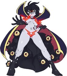 black_hair blush breasts breasts_apart cape code_geass contrapposto cosplay female full_body gazer_(monster_girl_encyclopedia) grey_skin legs_apart looking_at_viewer medium_breasts monster_girl_encyclopedia multi_eye multicolored multicolored_cape multicolored_clothes navel nipples nude purple_cape pussy red_cape red_eyes rtil short_hair simple_background smile solo standing tail tentacle white_background yellow_sclera zero_(code_geass) zero_(code_geass)_(cosplay)