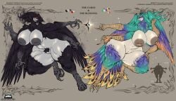 2girls 2girls1boy 4_arms alien alien_girl crow deity duo feathered_wings feathers giantess huge_areolae huge_breasts huge_thighs inverted_nipples larger_female long_nose multi_limb muscular_female peacock_feather reference_image reference_sheet size_difference smaller_male tentacle_hair the_looming_curse_(zeblackballd) ze_blackball.d zeblackballd_(artist)