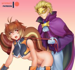 animal_ears blazblue blonde_hair breasts brown_hair collar female leash makoto_nanaya male mystra77 patreon patreon_username sex short_hair squirrel_ears squirrel_tail underboob