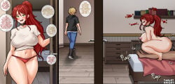 2koma almost_caught blonde_hair blue_eyes bouncing casual_clothes cheating cheating_girlfriend dialogue english english_text green_eyes jaune_arc light-skinned_female light-skinned_male light_skin netorare ntr oblivious oscar_pine ponytail pyrrha_nikos red_hair reverse_cowgirl_position rwby secret_sex straddling straddling_lap tabletknight tan_body tan_skin text