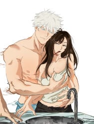 1boy 1girl beauty_mark blue_eyes breast_grab breast_squeeze female gojou_satoru grope groping groping_breasts jujutsu_kaisen light_skin loose_clothes male male/female morning morning_after muscular muscular_male satoru_gojo shirtless shirtless_male shoko_ieiri size_difference straight suggestive taller_male white_hair