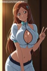 ai_generated bleach bleach:_the_thousand-year_blood_war looking_at_viewer orihime_inoue peace_sign velvetart