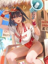 1girls bare_legs big_breasts blue_hair cleavage female hololive hololive_english legs leotard lifeguard navel_visible_through_clothes ouro_kronii padoruu short_hair solo thighs virtual_youtuber vtuber