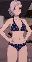 1girls ai_generated bikini blue_bikini female female_only hands_on_hips rwby solo white_hair winter_schnee