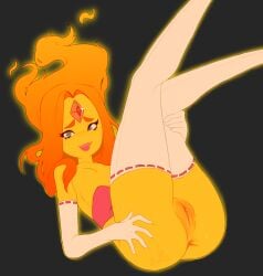 1girl adventure_time anus ass black_background blush breasts clitoral_hood clitoris colored_skin elbow_gloves fiery_hair flame_princess forehead_jewel gem gloves legs_up long_hair looking_at_viewer lying mahmapuu on_back open_mouth orange_hair orange_skin pussy pussy_juice simple_background small_breasts smile solo sweat thighhighs uncensored white_gloves white_legwear