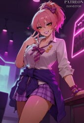 1girl ai_generated arm_support artist_name badge blush bow bowtie bracelet breasts button_badge character_name clothes_around_waist clothing collared_shirt duxvector earrings eyeshadow female fingernails grin gyaru hair_between_eyes hair_bow hair_ornament hand_up high_ponytail idolmaster idolmaster_cinderella_girls indoors jacket jacket_around_waist jewelry jougasaki_mika kogal lipstick long_fingernails looking_at_viewer loose_bowtie makeup mascara medium_breasts miniskirt nail_polish neon_lights nightclub open_collar peace_symbol pink_eyeshadow pink_hair pink_lips pink_nails plaid plaid_skirt pleated_skirt ponytail purple_bow purple_bowtie purple_eyeshadow purple_lips purple_nails purple_skirt purple_sweater school_uniform shirt sidelocks skirt sleeves_rolled_up smile smiley_face solo standing striped_bow striped_clothes sweater sweater_around_waist thighs v w white_shirt yellow_eyes