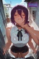 1girl ahegao ai_generated ass black_pantyhose bomb_devil bomb_devil_(chainsaw_man) breasts chainsaw_man collar completely_nude deurahh green_eyes highres imminent_anal imminent_fellatio imminent_oral imminent_orgasm imminent_penetration imminent_sex large_breasts leash lingerie looking_at_viewer naked_ribbon nipples no_panties nude pantyhose purple_hair pussy reze_(chainsaw_man) school_uniform short_hair smile solo stable_diffusion thighs torn_clothes