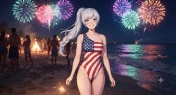 ai_generated american_flag_swimsuit female flag_print_swimsuit one-piece_swimsuit rwby swimsuit weiss_schnee white_hair