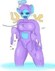 !? 1girls black_eyes blue_skin breasts clothes_stuck_on_object coral curvy dripping_pussy female female_only fishing_rod leafz oozing original_character puddle purple_fur signature slendytubbies solo sweatdrop teletubbies thick_thighs water wet white_background