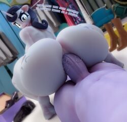 1boy 1girls absurd_res anal annoyed annoyed_expression anthro anthro_on_anthro anthro_penetrated anthrofied ass back_view backboob balls bent_over big_penis black_hair bodily_fluids breasts busty curvaceous curvy curvy_figure cutie_mark detailed_background digital_media_(artwork) duo english_text equid equine eyebrows eyelashes female friendship_is_magic from_behind fur furry genitals grey_body grey_fur hasbro hi_res horn hourglass_figure looking_back male male/female male_penetrating_female mammal moonlight_raven_(mlp) motion_lines my_little_pony on_back original_character penetration penis pussy pussy_juice sex snuddy tagme text thick_thighs unicorn unseen_male_face vaginal_penetration voluptuous voluptuous_female wide_hips yellow_eyes