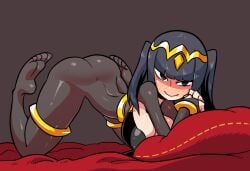 ass bed black_hair blunt_bangs bodystocking bodysuit breasts brown_eyes circlet cleavage crap-man feet fire_emblem fire_emblem_awakening jewelry large_breasts looking_at_viewer pantyhose tharja_(fire_emblem) thighlet thighs toes top-down_bottom-up twintails wide_hips