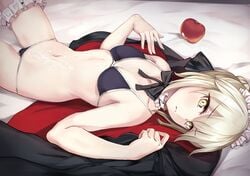 :< apple artoria_pendragon artoria_pendragon_(alter) artoria_pendragon_(swimsuit_rider_alter) bikini black_bikini blonde_hair breasts cleavage cum cum_on cum_on_stomach eyebrows_visible_through_hair fate/grand_order fate_(series) female food fruit garters jacket jacket_removed looking_at_viewer lower_body lying maid_headdress medium_breasts nakatokung navel on_back short_hair solo swimsuit yellow_eyes