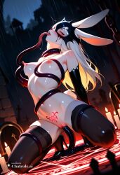 1girl 8k absurd_res ai_assisted ai_generated animal_nose arched_back beautiful black_stocking blurry_background blush cemetery chains close_up cowboy_shot crying dark_atmosphere depth_of_field drunk dutch_angle dynamic_angle ears_through_headwear electricity evil eyes_closed face_focus fantasy fucked furry furry_female glowing grabbing_face groping hair_pulled hands_tied rabbit_ears rabbit_tail red_eyes white_fur