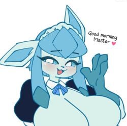 1girl 1girls 2026 2d_(artwork) anthro anthro_female anthro_only big_eyes blue_body blue_fur blue_hair blushing blushing_at_viewer blushing_female boobs breasts clothes clothing cute digital_drawing_(artwork) digital_media_(artwork) eeveelution female female_focus female_only female_pokemon game_freak generation_4_pokemon glaceon half-closed_eyes hi_res highres ice_type looking_at_viewer maid_headdress maid_outfit maid_uniform mochichi nintendo no_bra no_nipples pokemon pokemon_(species) sexy solo solo_female solo_focus solo_only text white_background