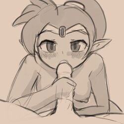 1boy 1girl blush breasts circlet dark_skin erection fellatio forehead_jewel handjob hetero looking_at_viewer lumineko medium_breasts monochrome nipples nude open_mouth oral penis pointy_ears ponytail pov shantae shantae_(character) simple_background sketch solo_focus uncensored