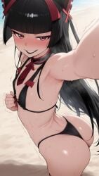 ai_generated armpits ass ass_focus beach bikini flat_chest from_above gate_-_jieitai_ka_no_chi_nite_kaku_tatakaeri grin lipstick micro_bikini on_beach rory_mercury selfie selfie_pose small_ass small_breasts smell smirk sweat young younger_female