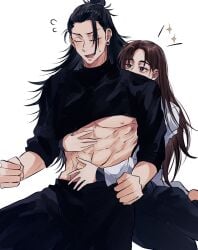 1boy 1girl abs blush female getou_suguru hand_under_shirt hugging_from_behind jujutsu_kaisen long_hair long_hair_male male manbun muscular muscular_male nipples shirt_lift shirt_up shoko_ieiri straight suggestive suguru_geto sweatdrop