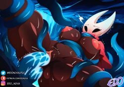 1girls 2026 big_breasts blue_body blue_skin blush breasts bug cloak cowgirl_position cum cum_in_pussy cum_inside edonova female hi_res hollow_knight hollow_knight:_silksong hornet_(hollow_knight) horns interspecies lifeblood monster monster_on_female red_body red_clothing red_nipples red_skin restrained silksong spider spider_girl tentacle tentacle_monster tentacle_sex