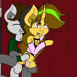 alley_way anthro brown_eyes chastity_cage clothed clothing crossdressing duo equine gay girly heart-shaped_pupils legwear lipstick makeup male mammal my_little_pony open_mouth penis stockings submissive_male theawkwarddork yaoi