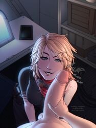 amanda_holliday big_penis blonde_hair clothed commission destiny_(game) destiny_2 female/male female_focus green_eyes hetero karnenka pov sitting_on_floor slap slapping_with_penis smiling_at_viewer tattoo tattoo_on_arm tomboy viewed_from_above viewer_pov
