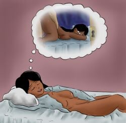 1boy 1girl bed black_hair breasts closed_eyes dark-skinned_female dark_nipples dark_skin doggystyle dreaming female_masturbation hetero imagining long_hair lying masturbation medium_breasts nipples nude once_upon_a_time..._space open_clothes open_shirt pillow psi sex sex_from_behind shirt sleeping solo_focus thought_bubble