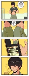 1boy 4koma abs black_hair blush bonnymama7 clothed comic english_text femboy funny green_pants gym hair_over_eyes headphones headphones_around_neck heart shirt_lift short_hair social_media solo spandex sweat text yoga_pants
