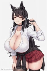 1girl ai_generated animal_ears atago_(azur_lane) azur_lane black_hair black_thighhighs breasts brown_eyes choker cleavage closed_mouth clothes_around_waist collarbone collared_shirt extra_ears hair_ribbon huge_breasts long_hair looking_at_viewer mole mole_under_eye partially_unbuttoned plaid plaid_skirt pleated_skirt red_skirt ribbon school_uniform shirt simple_background skirt smile solo sweater sweater_around_waist thighhighs white_background white_ribbon white_shirt