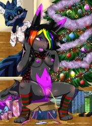 2018 2girls alternate_color anthro big_breasts blue_fur blush breasts canine christmas clothed clothing duo eevee feet female female_only fur furry gift hair hi_res holidays jex legwear mammal nintendo nipples nude open_mouth original_character peeing pokémon_(species) pokemon pokemon_rgby pussy raven_eevee raveneevee scarf smile socks squatting teeth terra topless tree urine video_games watersports