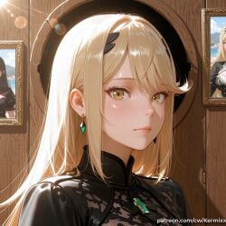 1girl ai_generated bangs blonde_hair blush breasts closed_mouth dress earrings hair_ornament jewelry kermixx lips long_hair looking_at_viewer mythra mythra_(xenoblade) portrait shiny solo swept_bangs upper_body xenoblade_(series) xenoblade_chronicles_2 yellow_eyes