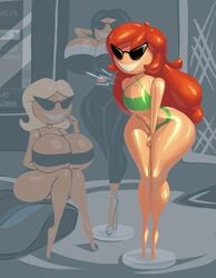 3girls big_breasts bikini black_hair blonde_hair cleavage clothed computer computer_screen disney female flat_chest group huge_breasts knick_knack large_hips long_hair noonun pixar red_hair shoes short_hair sitting smiling sunglasses sunnification sunny_miami sunny_persona thin_waist underboob wide_hips