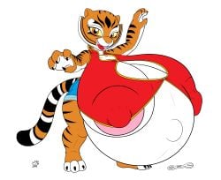 anthro belly big_belly big_breasts breasts dreamworks felid feline female fur huge_belly huge_breasts hyper hyper_pregnancy kung_fu_panda mammal master_tigress nipples orange_body orange_fur pantherine pregnant pregnant_female red_eyes solo tiger