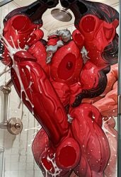 ai_generated bara bathroom bathroom_sex civitai fortnite gay gay_sex hyper hyper_genitalia hyper_muscles hyper_penis kurohomura male male/male male_only muscles muscular muscular_male ponytail red_skin tattoo white_hair