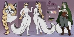 4_toes 5_fingers alina_grentesmenil anthro ariagoldberry big_breasts black_nose blonde_hair boots bottomwear breasts butt canid canine clothed clothed_anthro clothed_female clothing english_text fangs feet female fingers footwear fox fur genitals hair hi_res hindpaw hood humanoid_hands mammal marble_fox model_sheet navel nipples nude nude_anthro nude_female pants pawpads paws pink_pawpads red_fox shoes solo standing tail teeth text toes tongue tongue_out true_fox vulva white_body white_fur